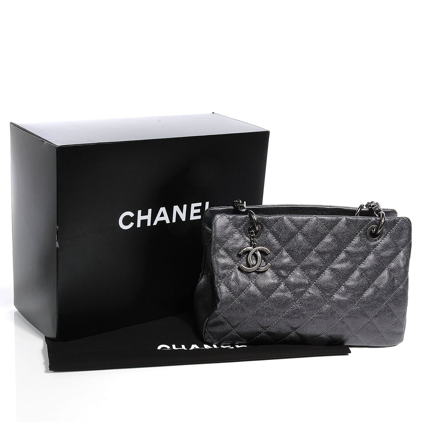 Caviar Timeless CC Large Zip Shopping Tote Dark Silver