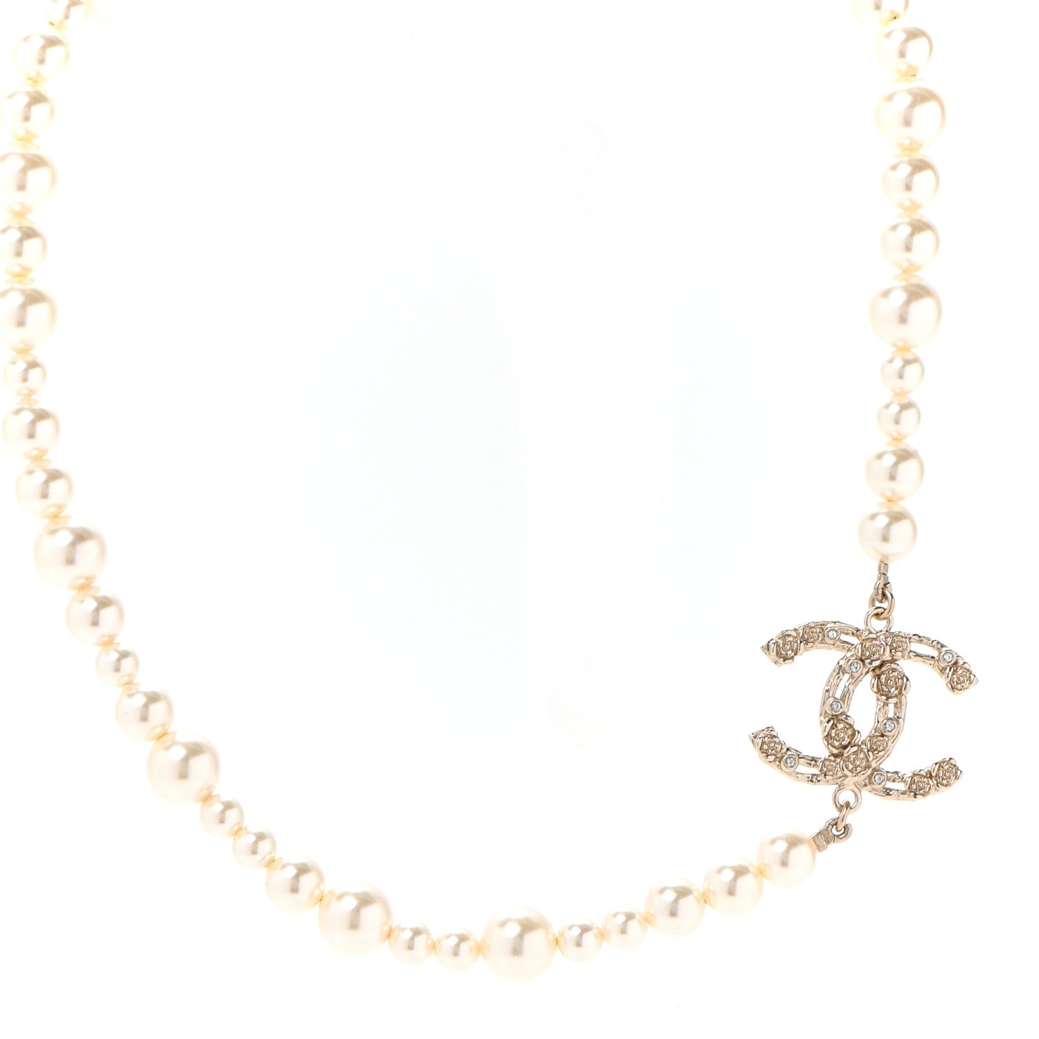 Chanel Pearl Crystal CC Camellia Short Necklace Gold 1 of 6