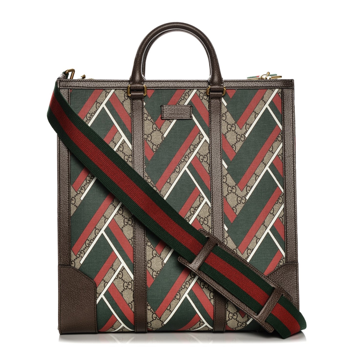 GG Supreme Monogram Chevron Web Vertical Tote Beige Green Red New Acero