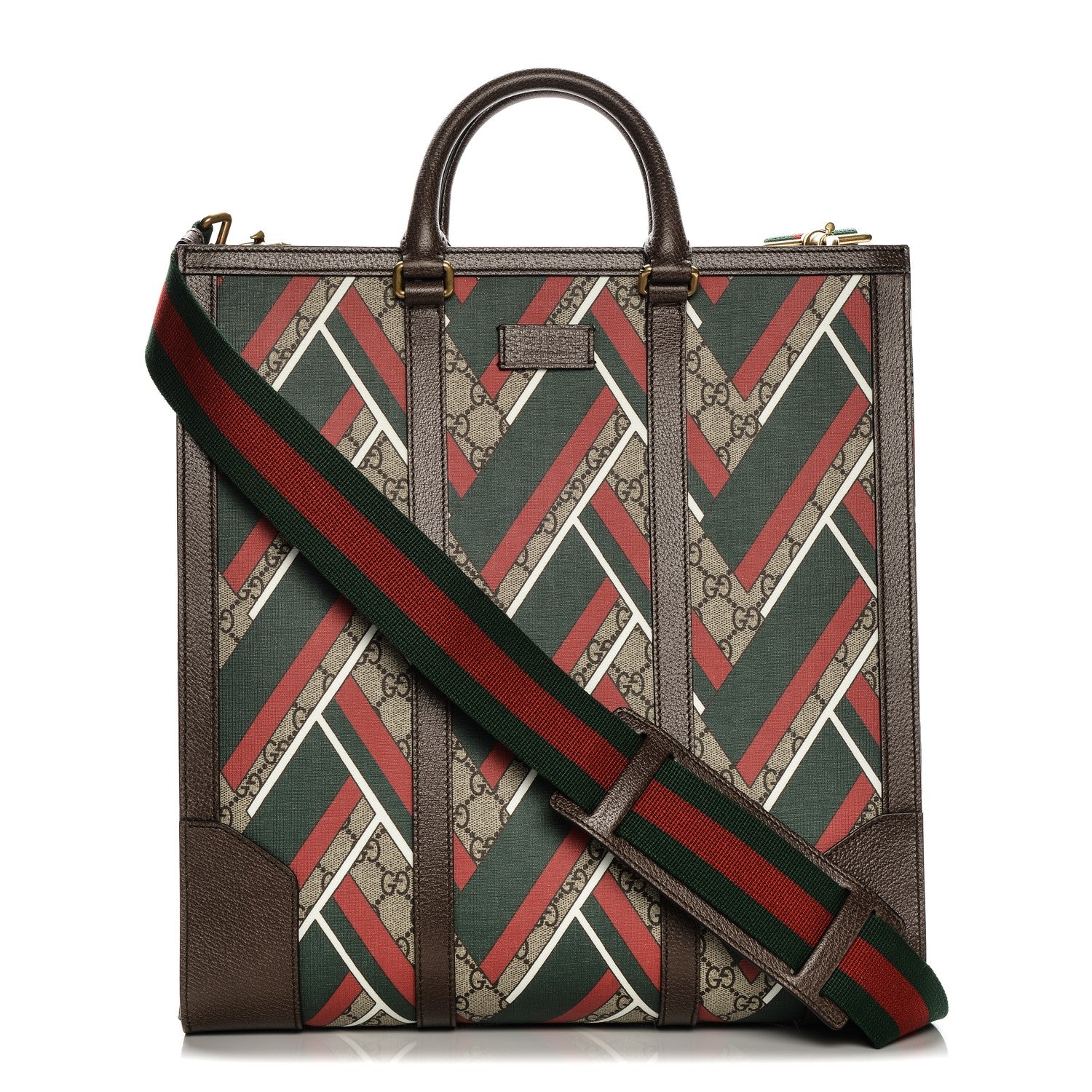 Gucci GG Supreme Monogram Chevron Web Vertical Tote Beige Green Red New Acero 1 of 8