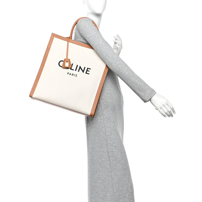 Celine Canvas Calfskin Logo Print Vertical Cabas Natural Tan 2 of 10