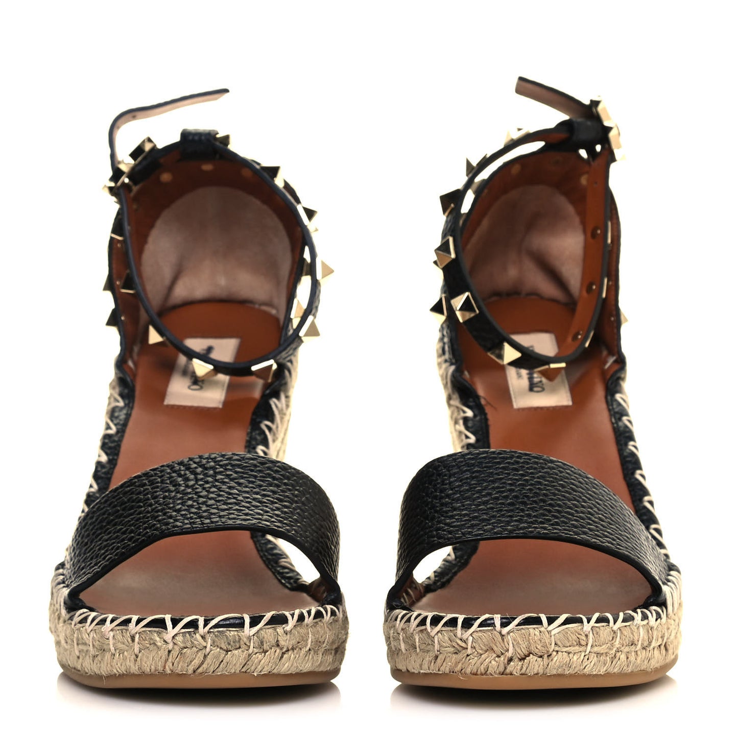 Grained Calfskin Rockstud Ankle Strap Espadrille 15/105mm Wedge Sandals 38 Black Light Cuir Natural
