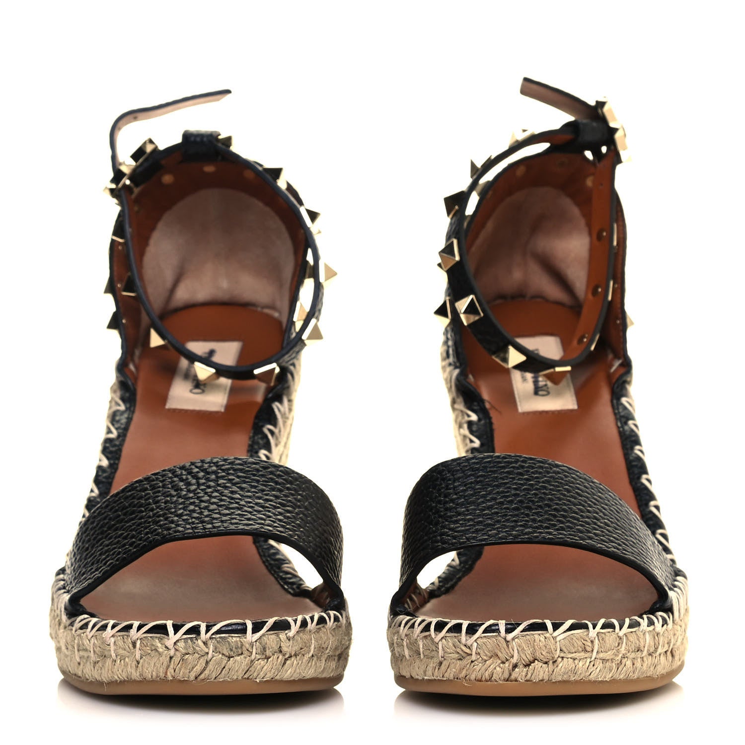 Valentino Garavani Grained Calfskin Rockstud Ankle Strap Espadrille 15/105mm Wedge Sandals 38 Black Light Cuir Natural 2 of 8