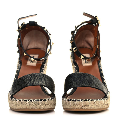 Valentino Garavani Grained Calfskin Rockstud Ankle Strap Espadrille 15/105mm Wedge Sandals 38 Black Light Cuir Natural 2 of 8