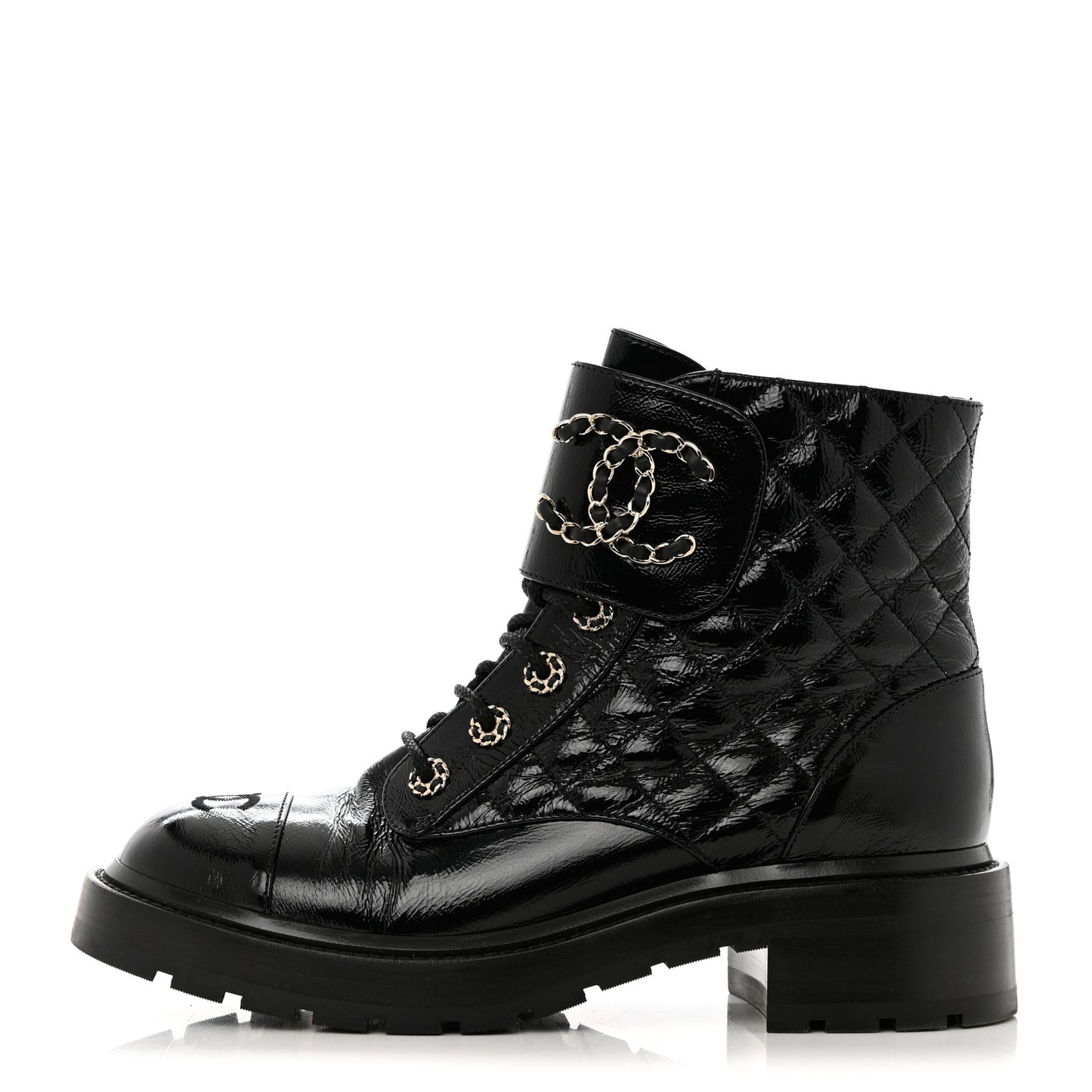 Shiny Goatskin Calfskin Quilted Lace Up Combat Boots 39.5 Black