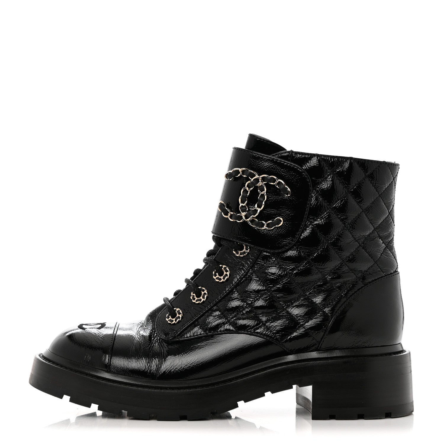 Chanel Shiny Goatskin Calfskin Quilted Lace Up Combat Boots 39.5 Black 1 of 9
