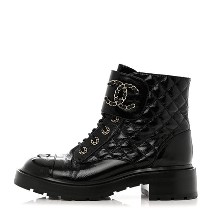 Chanel Shiny Goatskin Calfskin Quilted Lace Up Combat Boots 39.5 Black 1 of 9