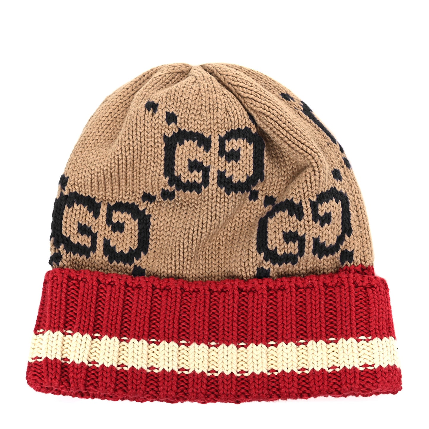 Cotton Monogram Jumbo GG Beanie Hat M Beige Red