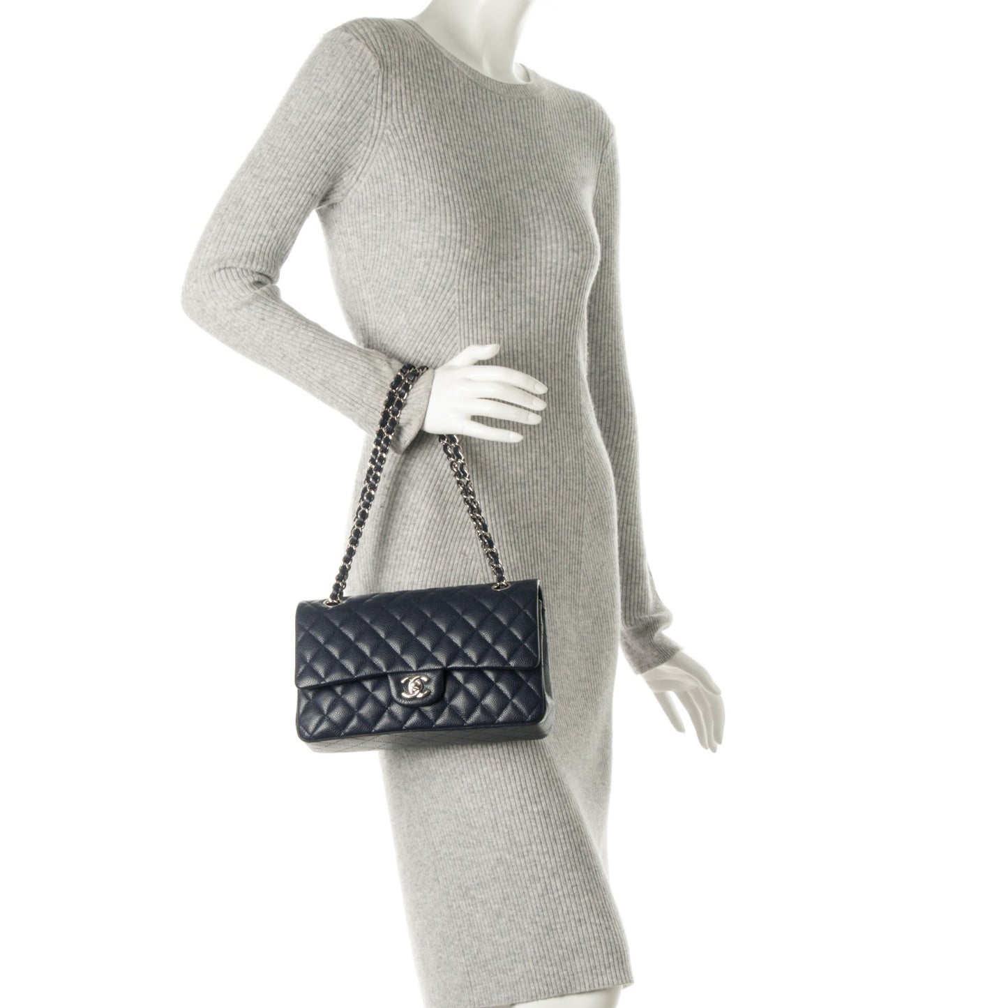 Caviar Quilted Medium Double Flap Navy