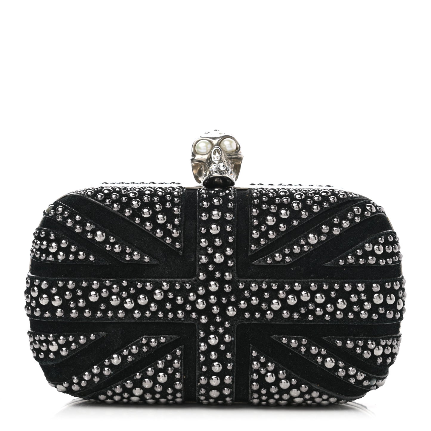 Suede Studded Britannia Skull Box Clutch Black