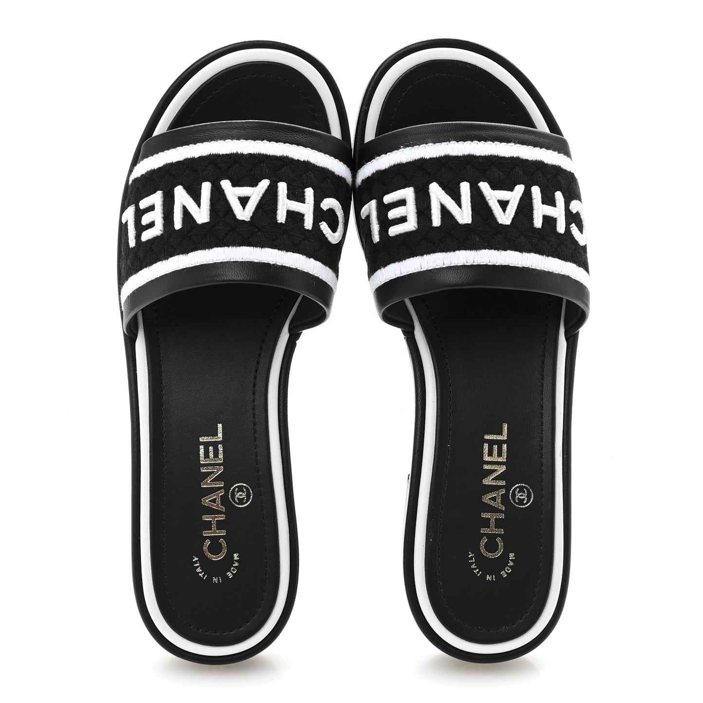 Lambskin Embroidered CC Mule Sandal 38.5 Black White