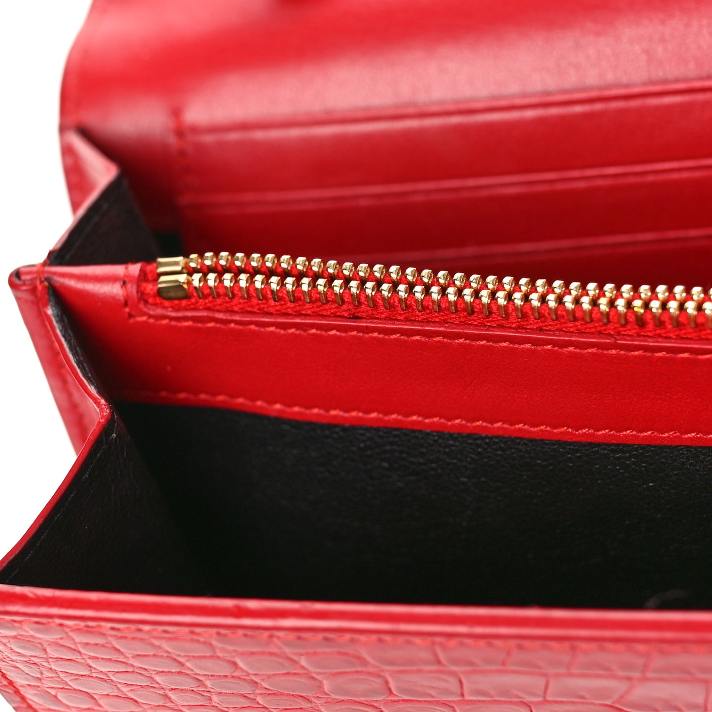 Calfskin Crocodile Embossed Monogram Chain Wallet New Lipstick Red