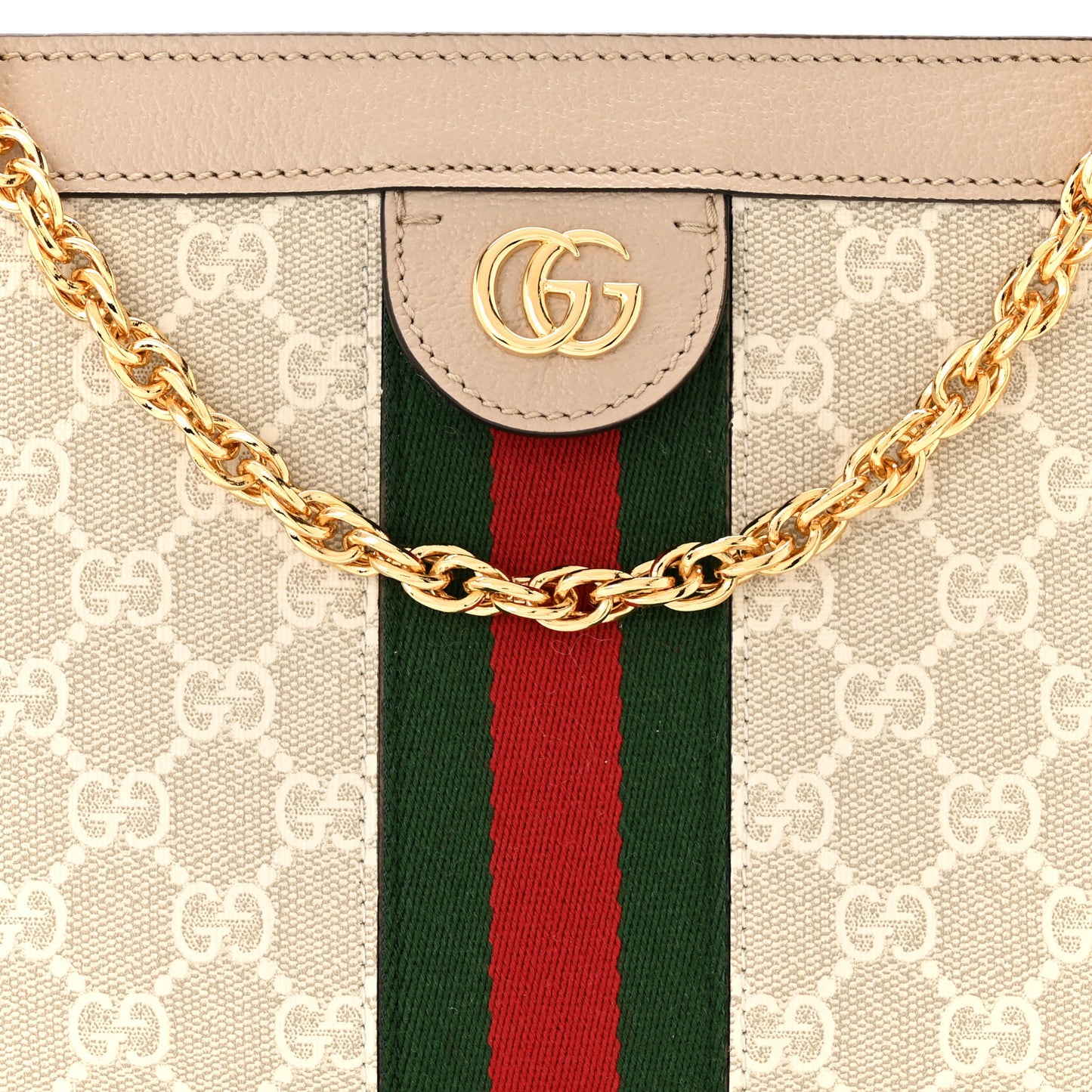 GG Supreme Monogram Textured Dollar Calfskin Web Small Ophidia Chain Shoulder Bag Beige Mystic White Oatmeal