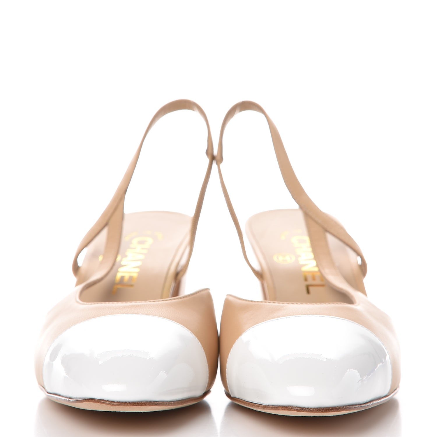 Chanel Lambskin Patent Cap Toe CC Slingback Sandals 37 Beige White 2 of 9