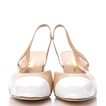 Chanel Lambskin Patent Cap Toe CC Slingback Sandals 37 Beige White 2 of 9