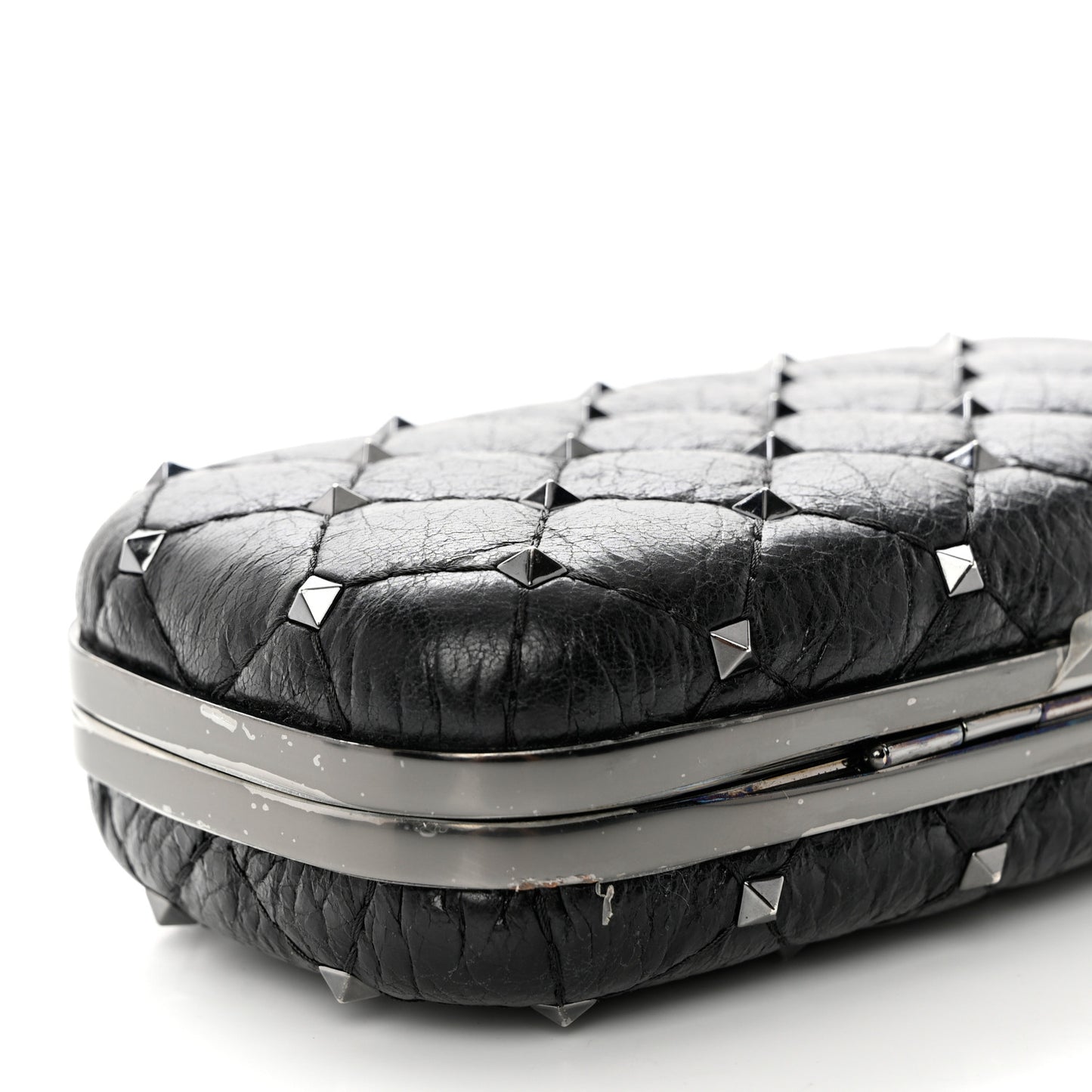 Craquele Nappa Rockstud Spike Minaudiere Clutch Black