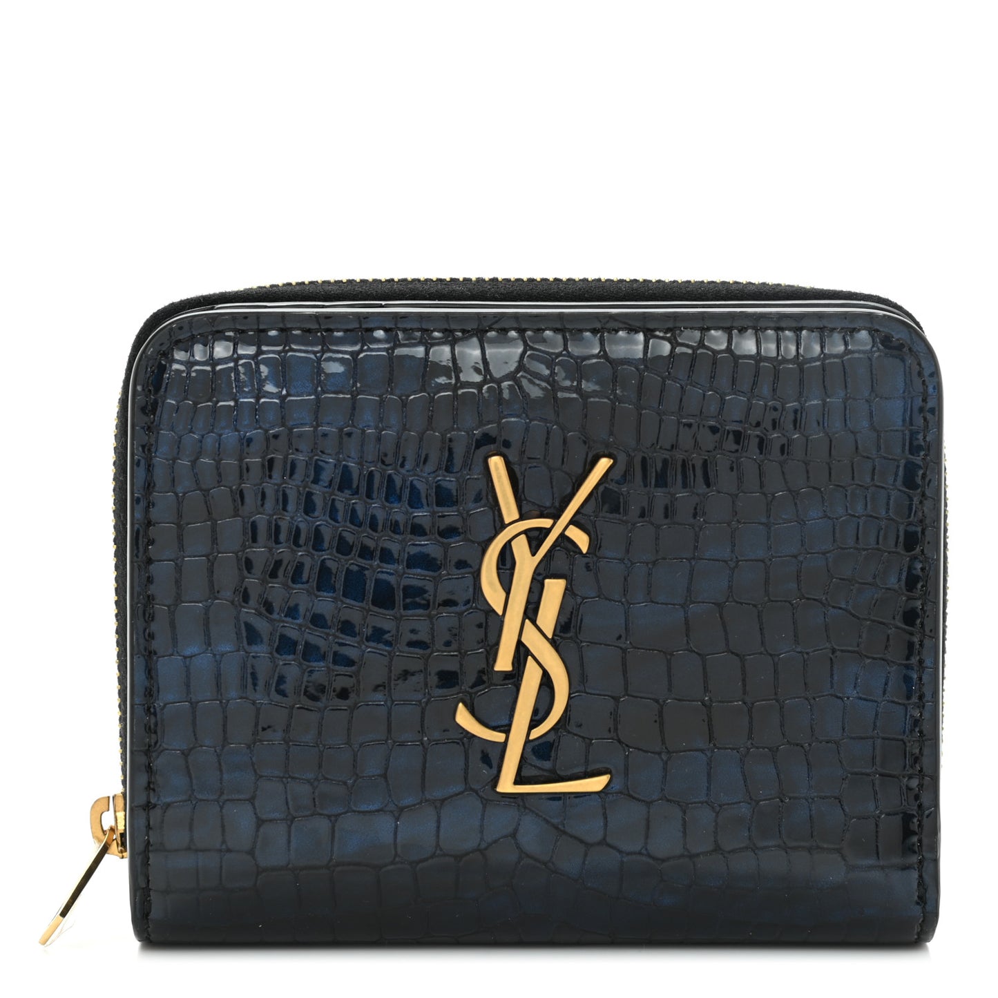 Calfskin Crocodile Embossed Monogram Compact Wallet Blue Black