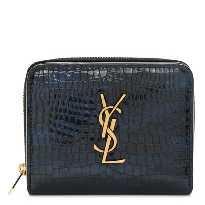 Saint Laurent Calfskin Crocodile Embossed Monogram Compact Wallet Blue Black 1 of 11