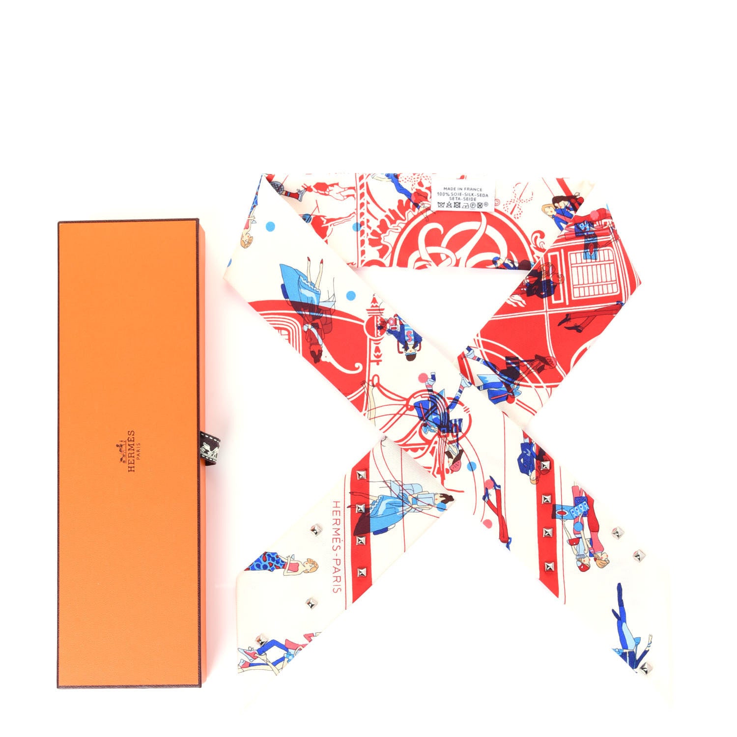 Hermes Silk Ex-Libris Les Parisiennes Studded Twilly Crème Rouge Bleu 5 of 5