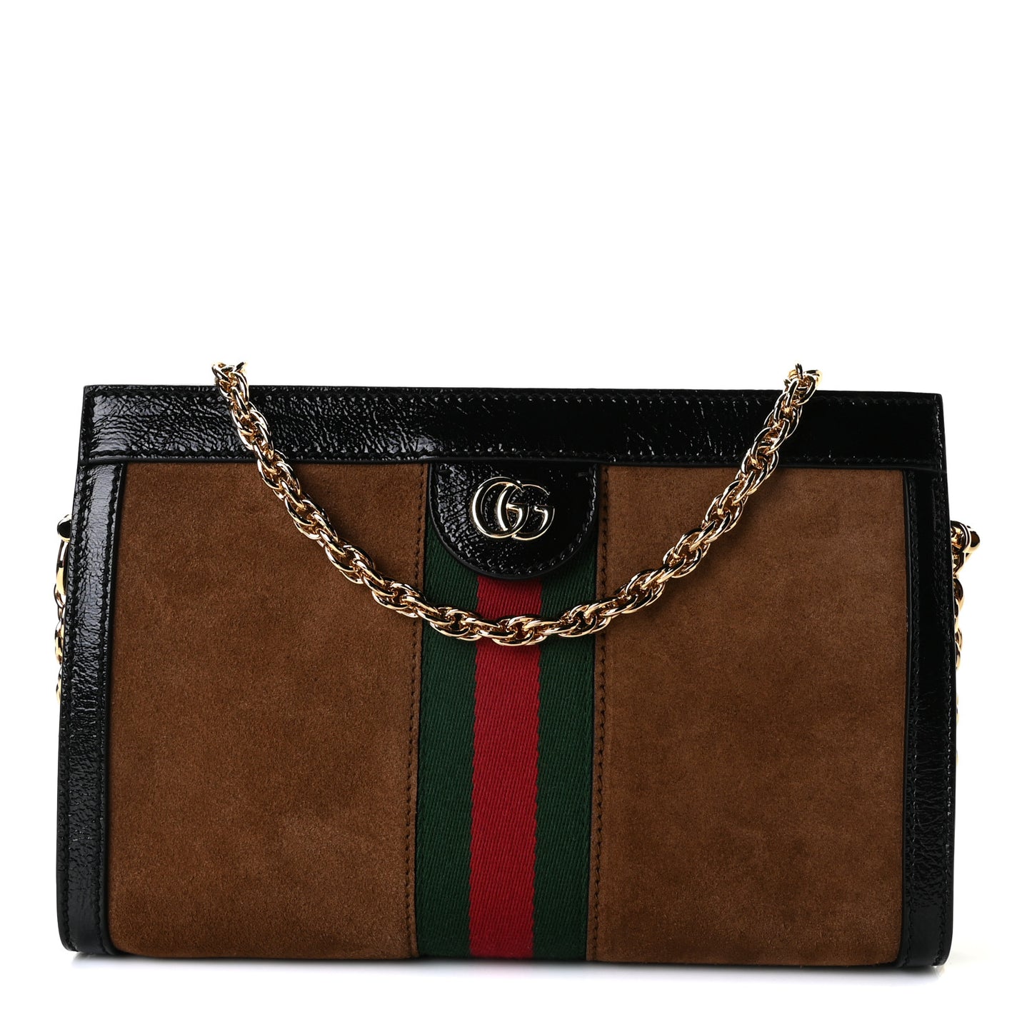Suede Patent Web Small Ophidia Chain Shoulder Bag Nocciola Black