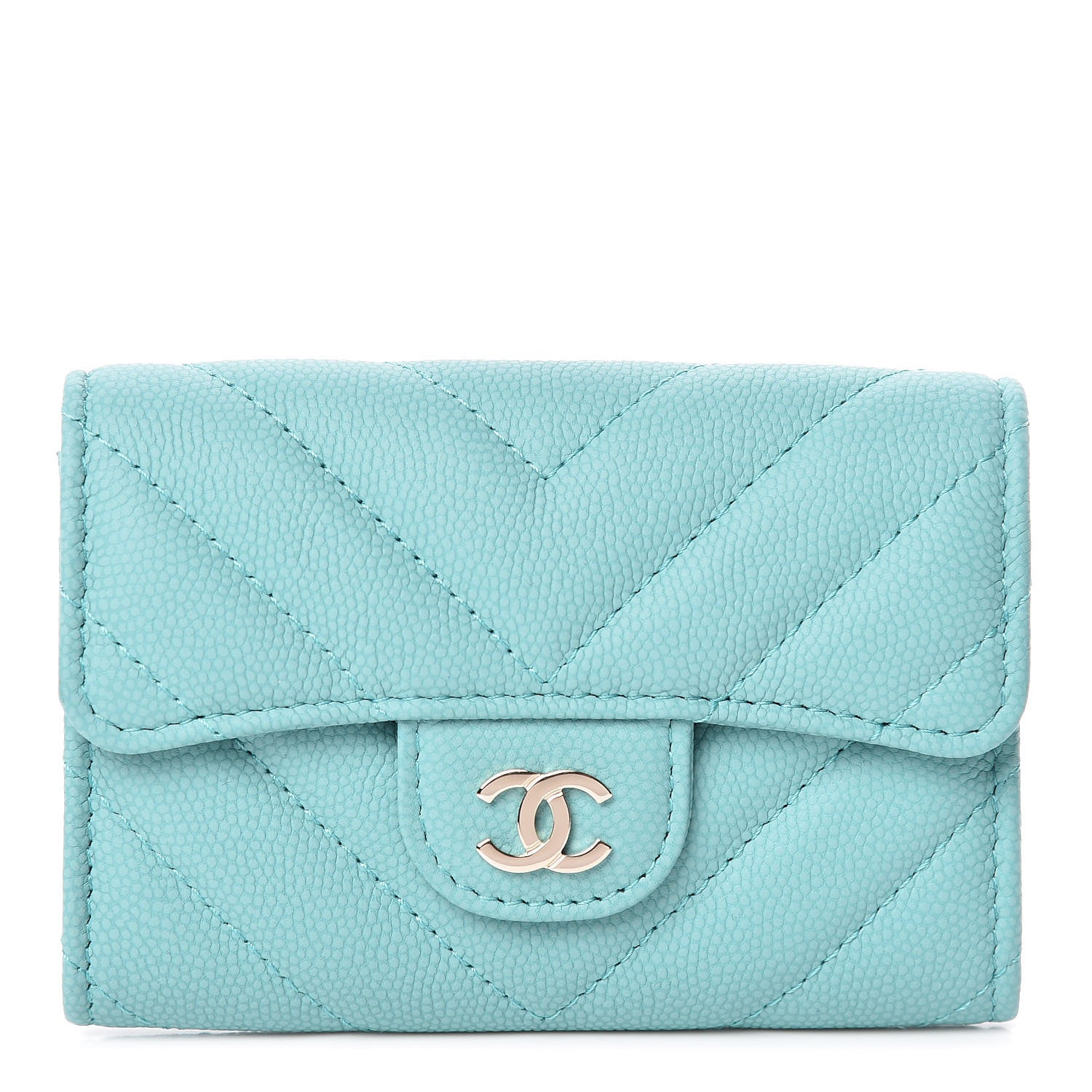 Chanel Caviar Chevron Quilted Card Holder Wallet Green 1 of 9