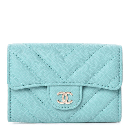 Chanel Caviar Chevron Quilted Card Holder Wallet Green 1 of 9