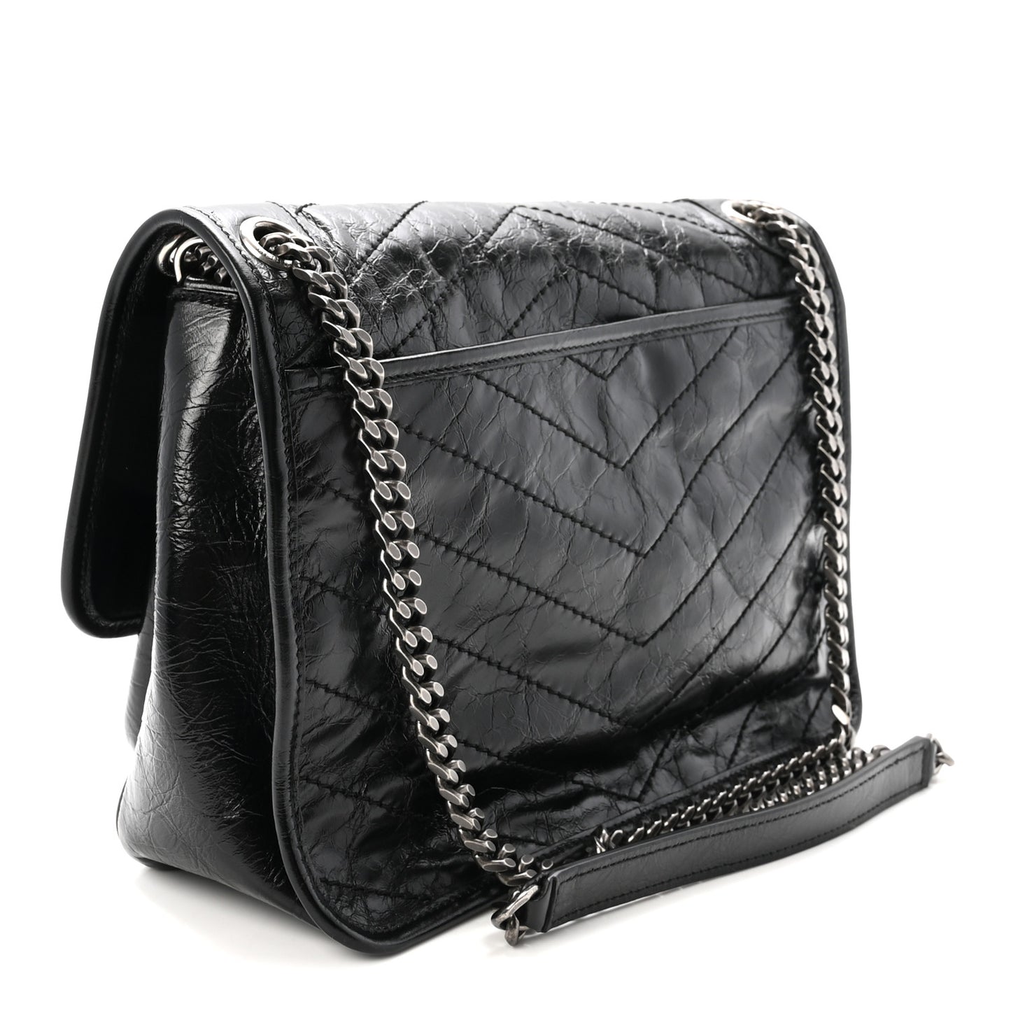 Crinkled Calfskin Matelasse Monogram Medium Niki Chain Satchel Black