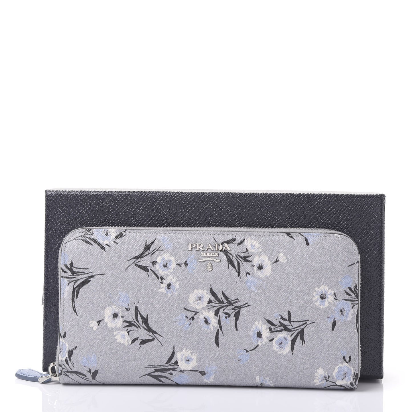 Saffiano Floral Print Metal Zip Around Wallet Acciaio