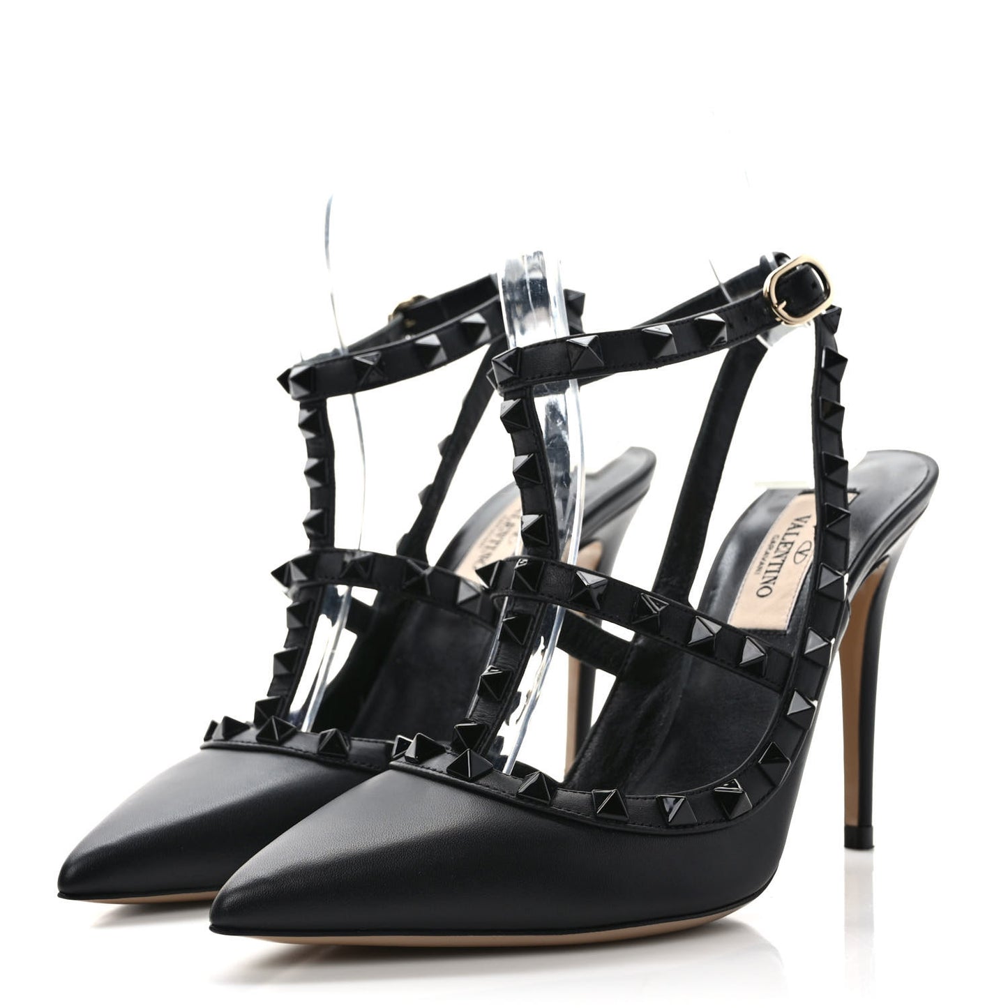 Calfskin Lacquered Monochrome Rockstud Ankle Strap 100mm Pumps 36 Black