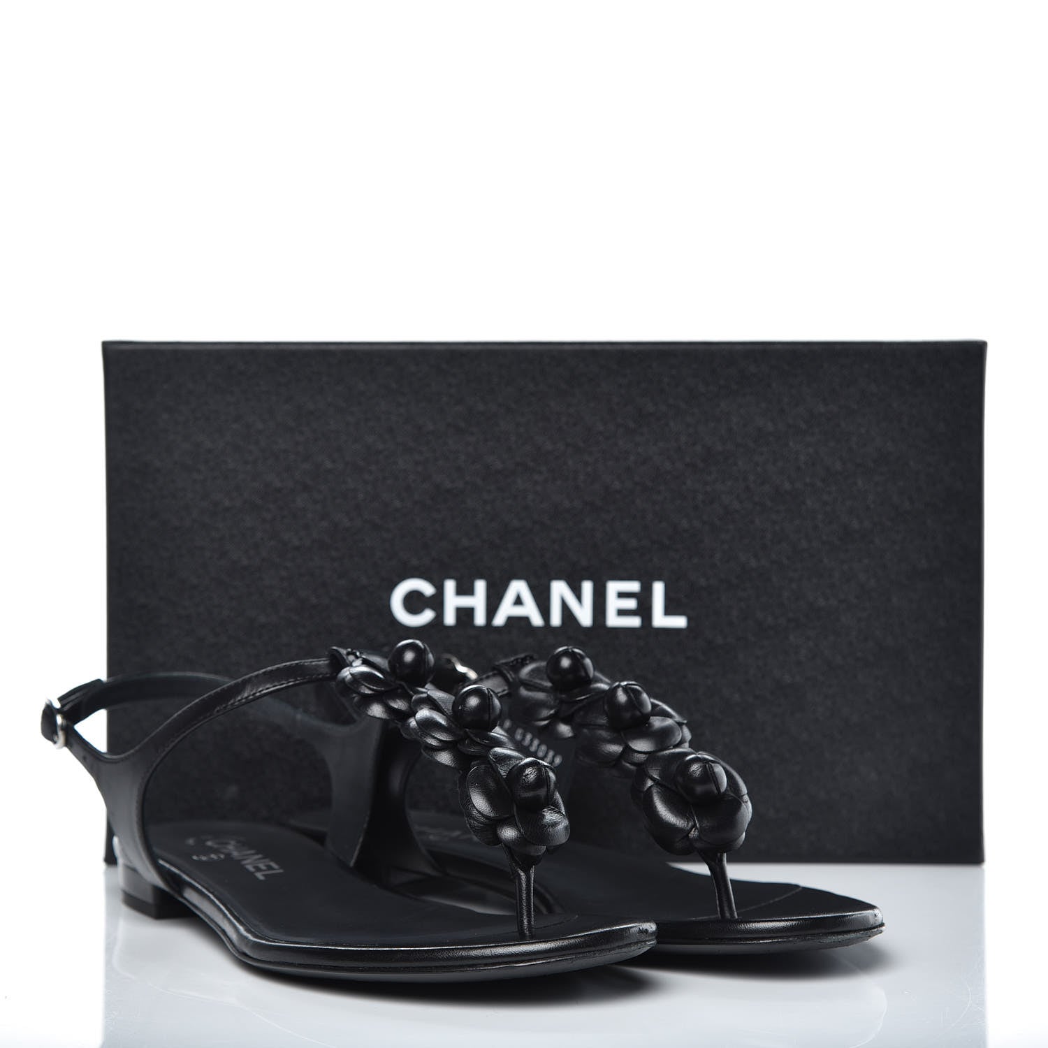 Chanel Lambskin Camellia Thong Sandals 37.5 Black 8 of 11