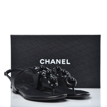 Chanel Lambskin Camellia Thong Sandals 37.5 Black 8 of 11