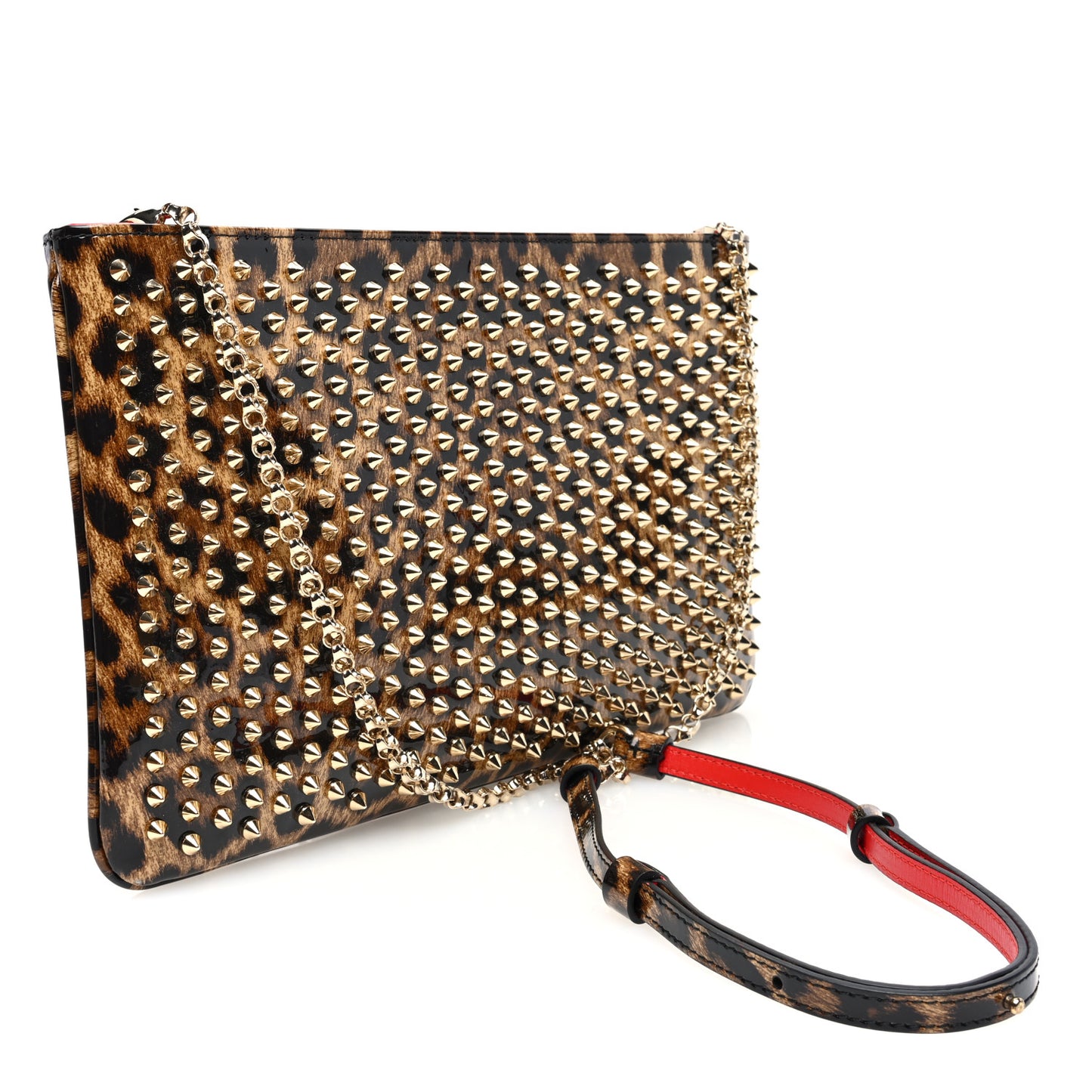 Patent Leopard Print Loubiposh Spiked Crossbody Clutch