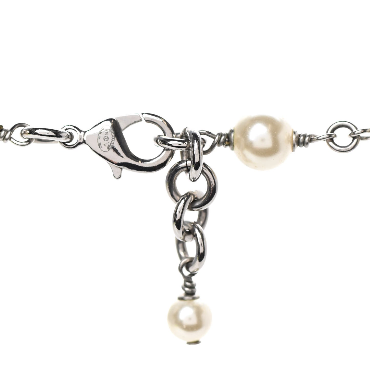 Graduated Pearl Crystal CC Long Necklace Silver