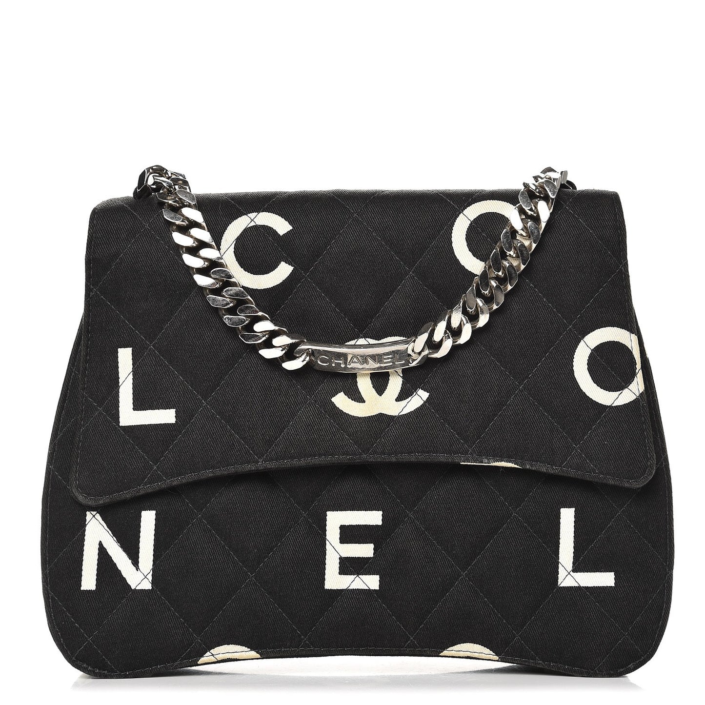 Canvas Quilted Letter Printed Flap Black