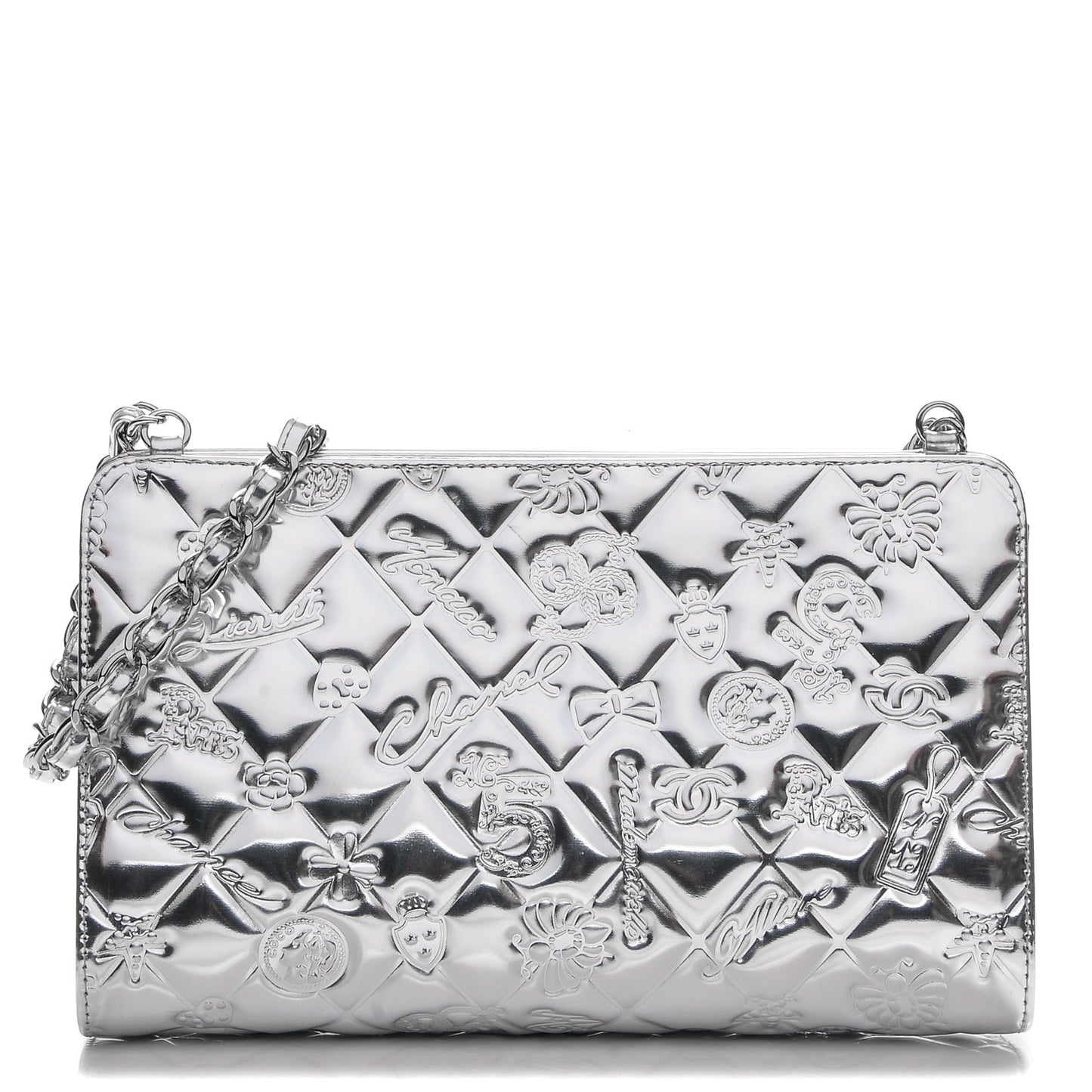Metallic Patent Calfskin Lucky Symbols Pochette Silver