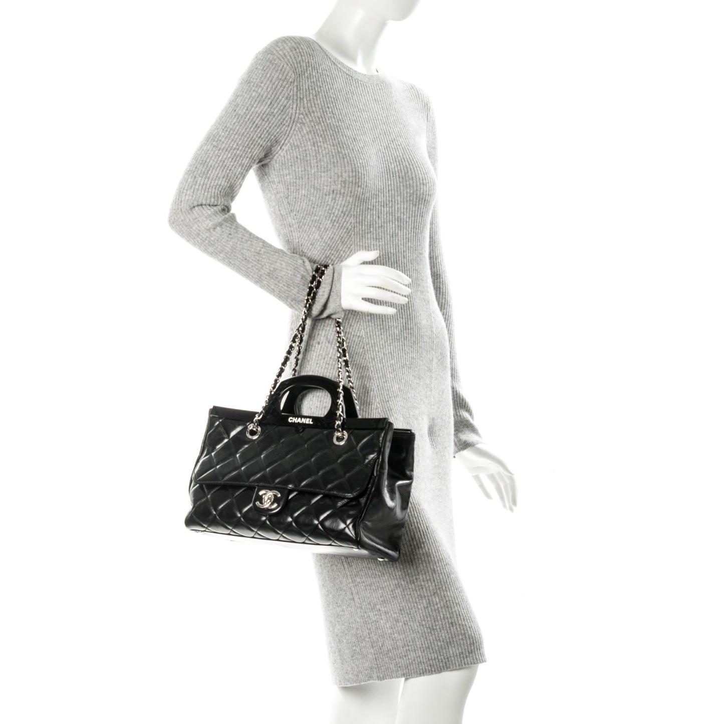 Glazed Calfskin Quilted Small CC Delivery Tote Black