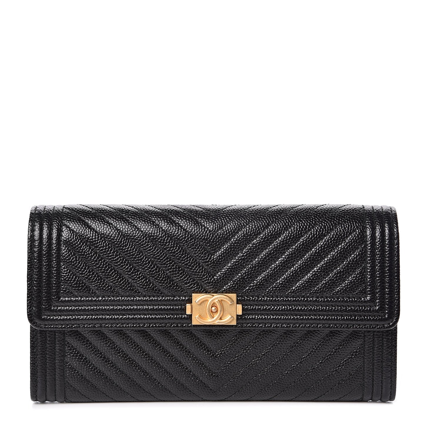 Caviar Chevron Quilted Boy Flap Wallet Black