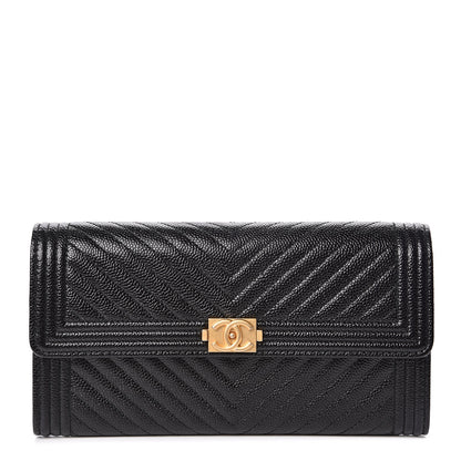 Chanel Caviar Chevron Quilted Boy Flap Wallet Black 1 of 9