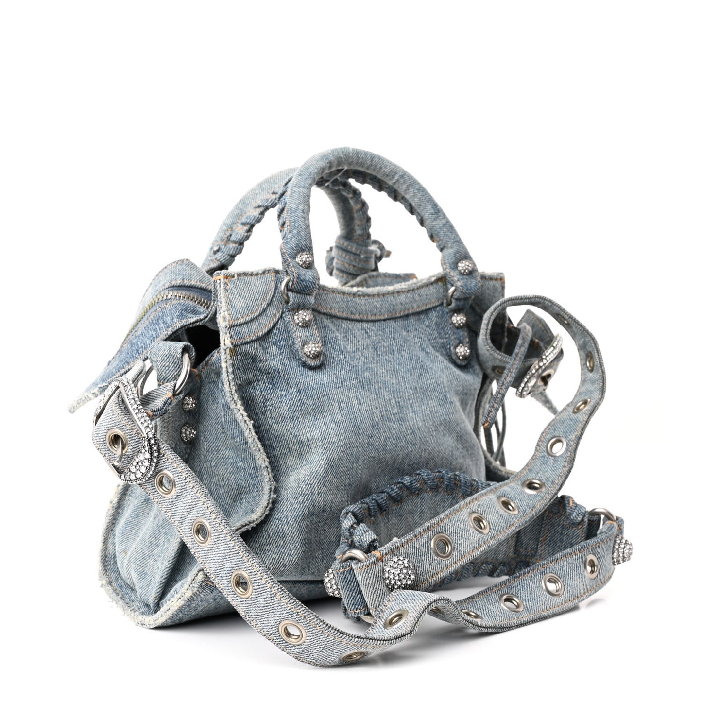 Washed Frayed Denim Crystal Neo Cagole Handbag XS Blue