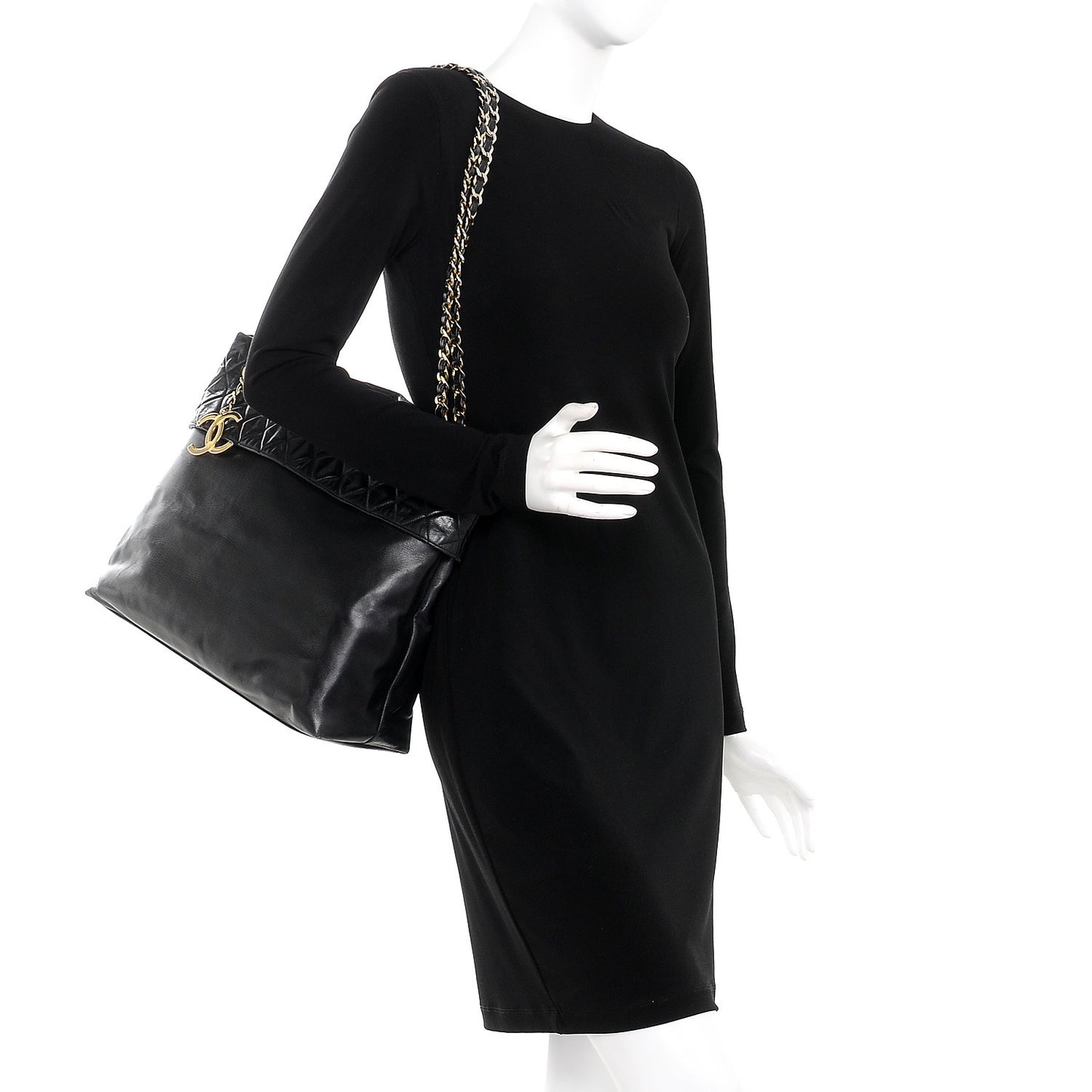 Calfskin Quilted Large Shoulder Bag Black