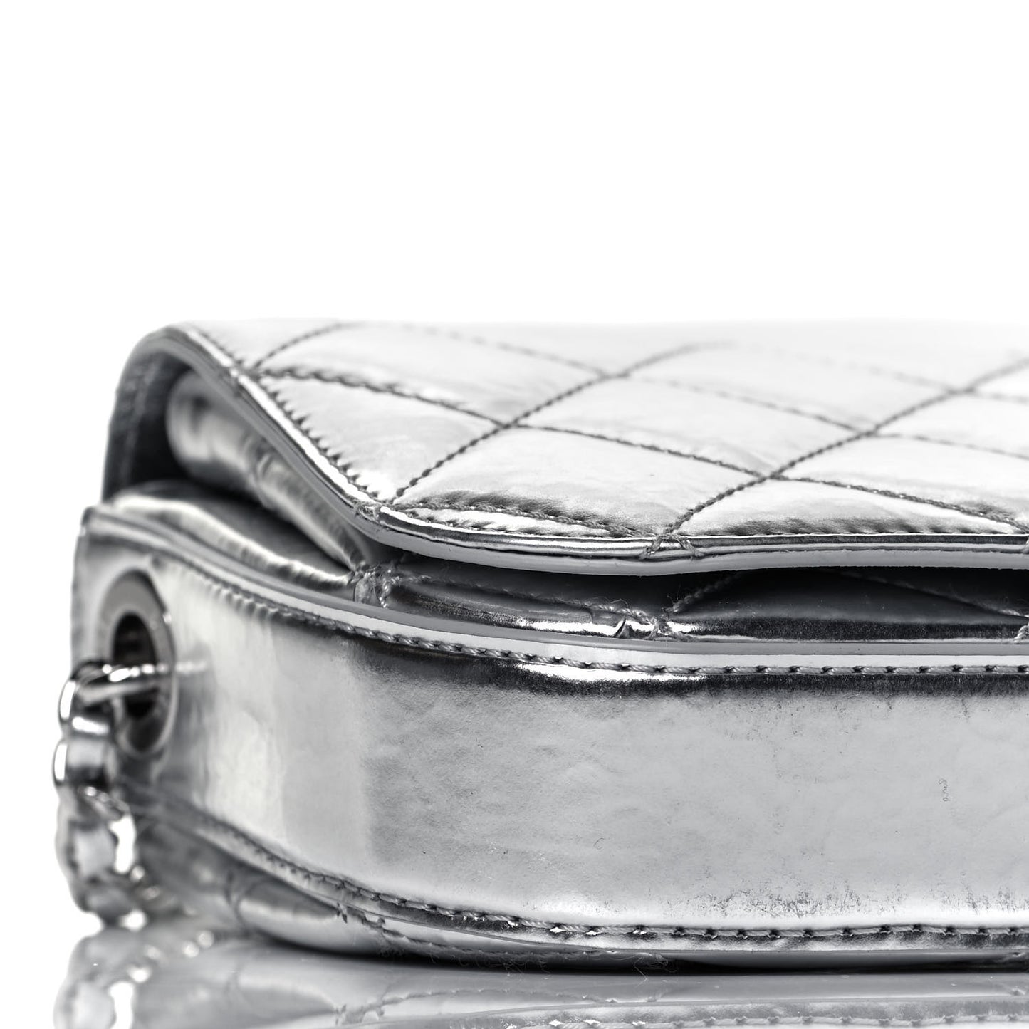 Hammered Metallic Calfskin Quilted Flap Silver