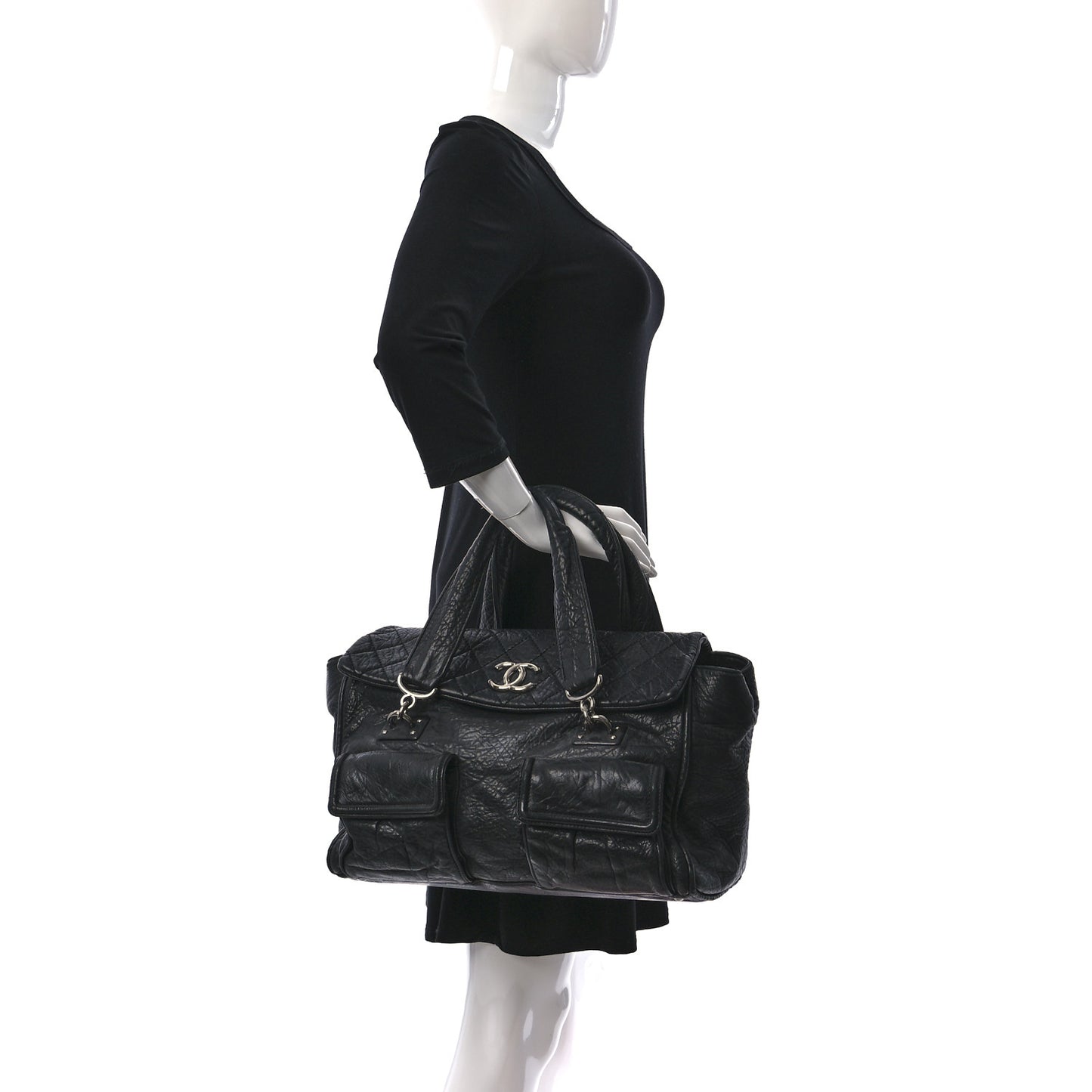 Distressed Lambskin Quilted Le Marais Front Pocket Bowling Bag Black