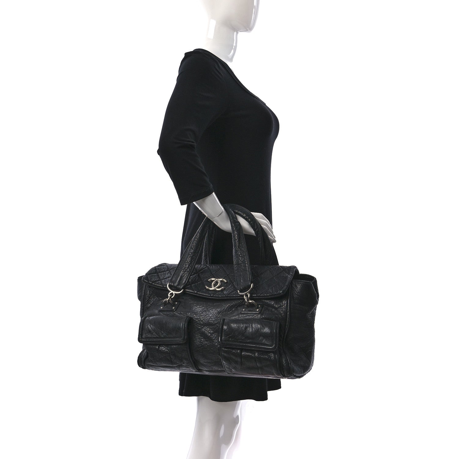 Chanel Distressed Lambskin Quilted Le Marais Front Pocket Bowling Bag Black 2 of 10