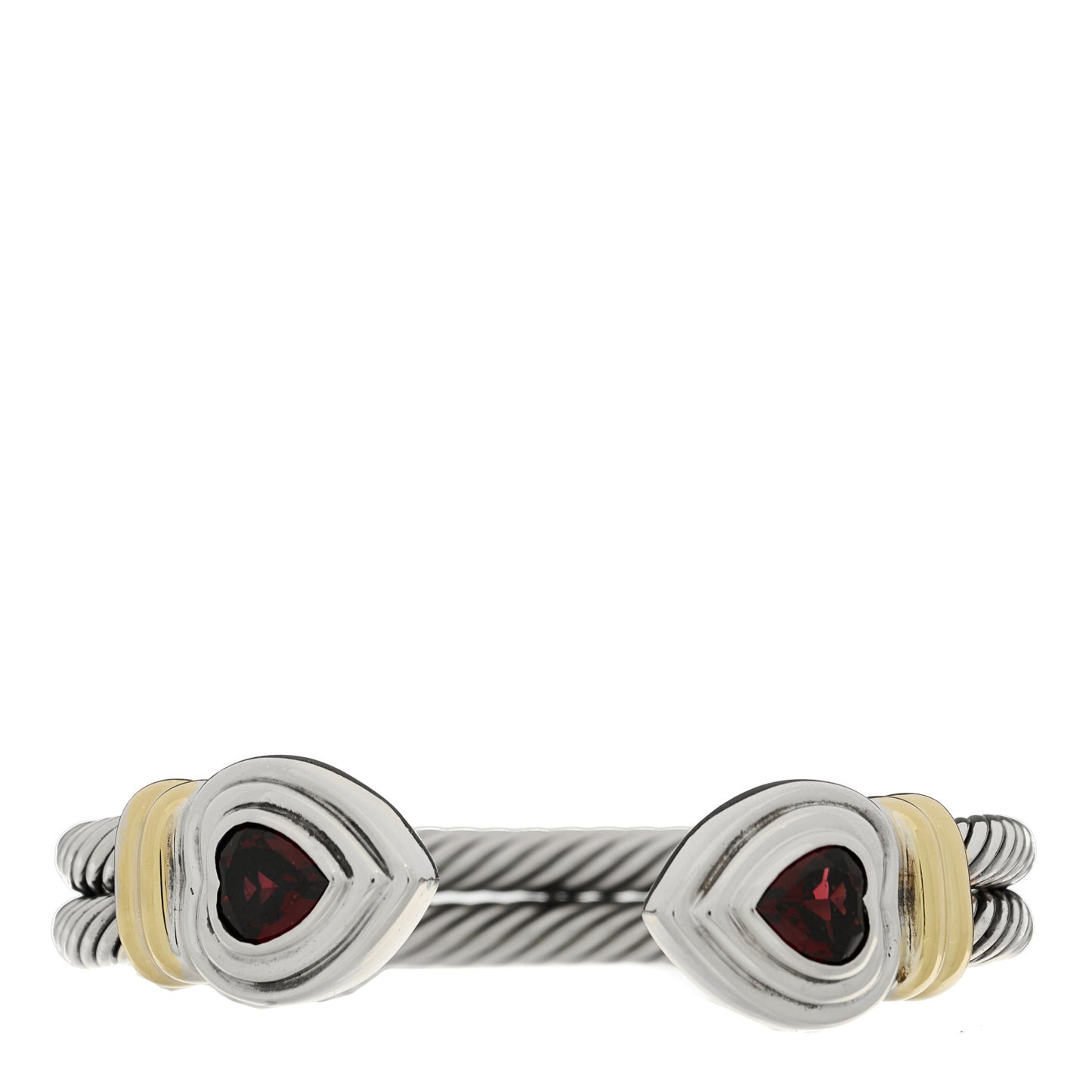 Sterling Silver 14K Yellow Gold Garnet Heart Double Cable Cuff Bracelet