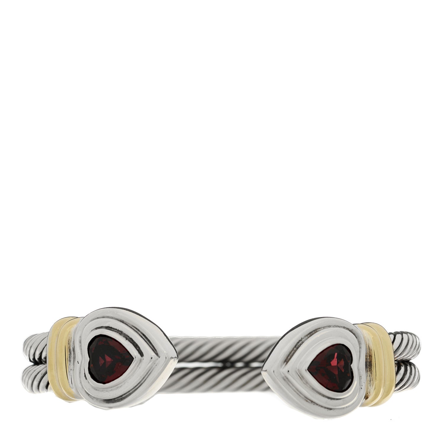 David Yurman Sterling Silver 14K Yellow Gold Garnet Heart Double Cable Cuff Bracelet 1 of 3