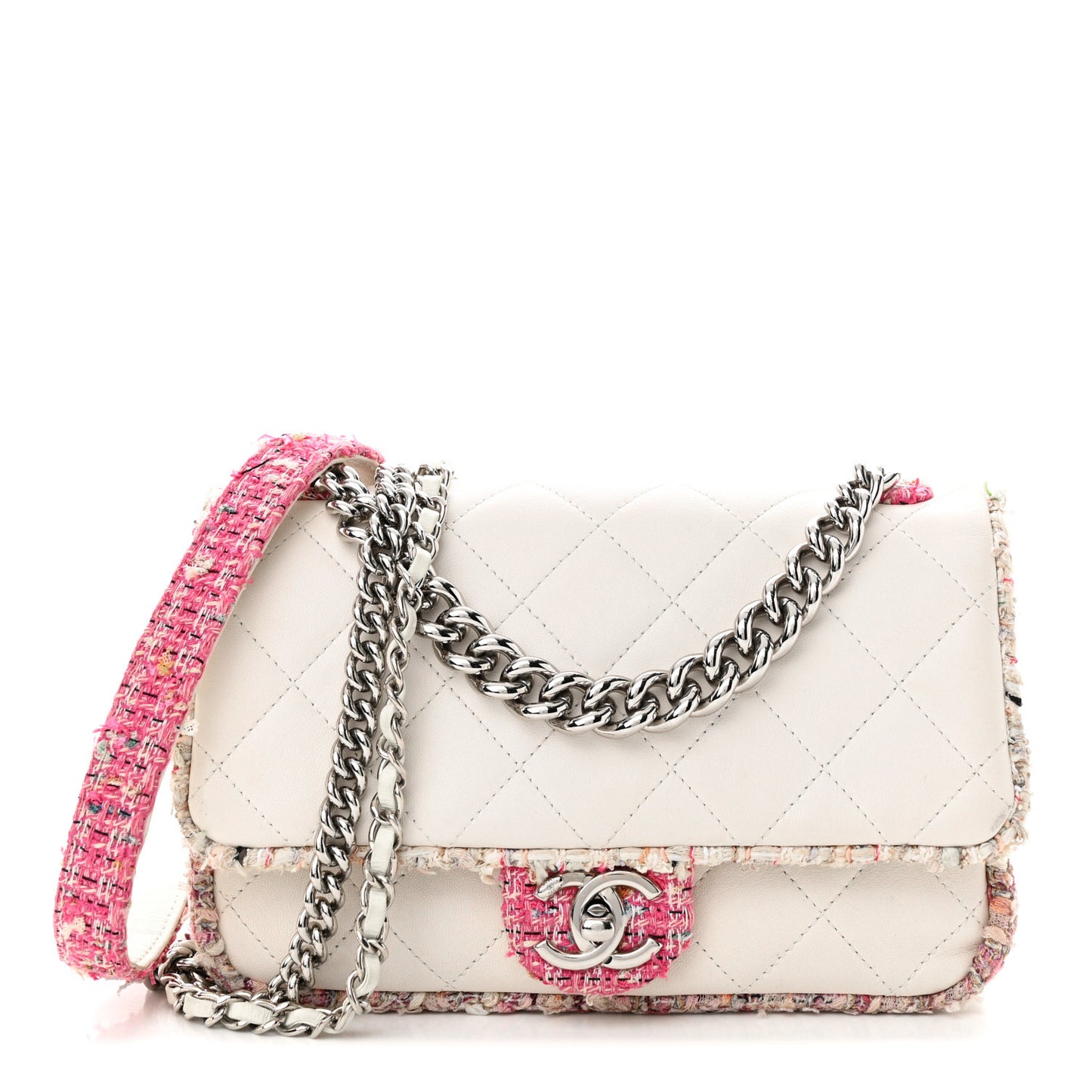 Lambskin Tweed Quilted Elegant Trim Flap White