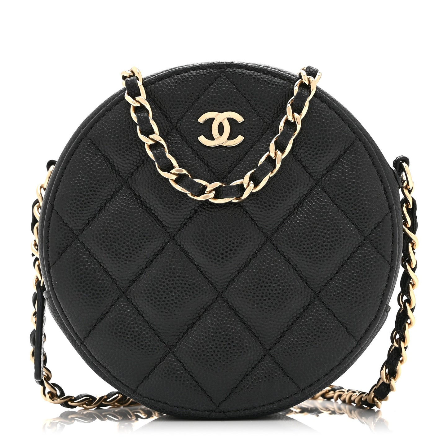 Caviar Quilted Round Clutch With Chain Black