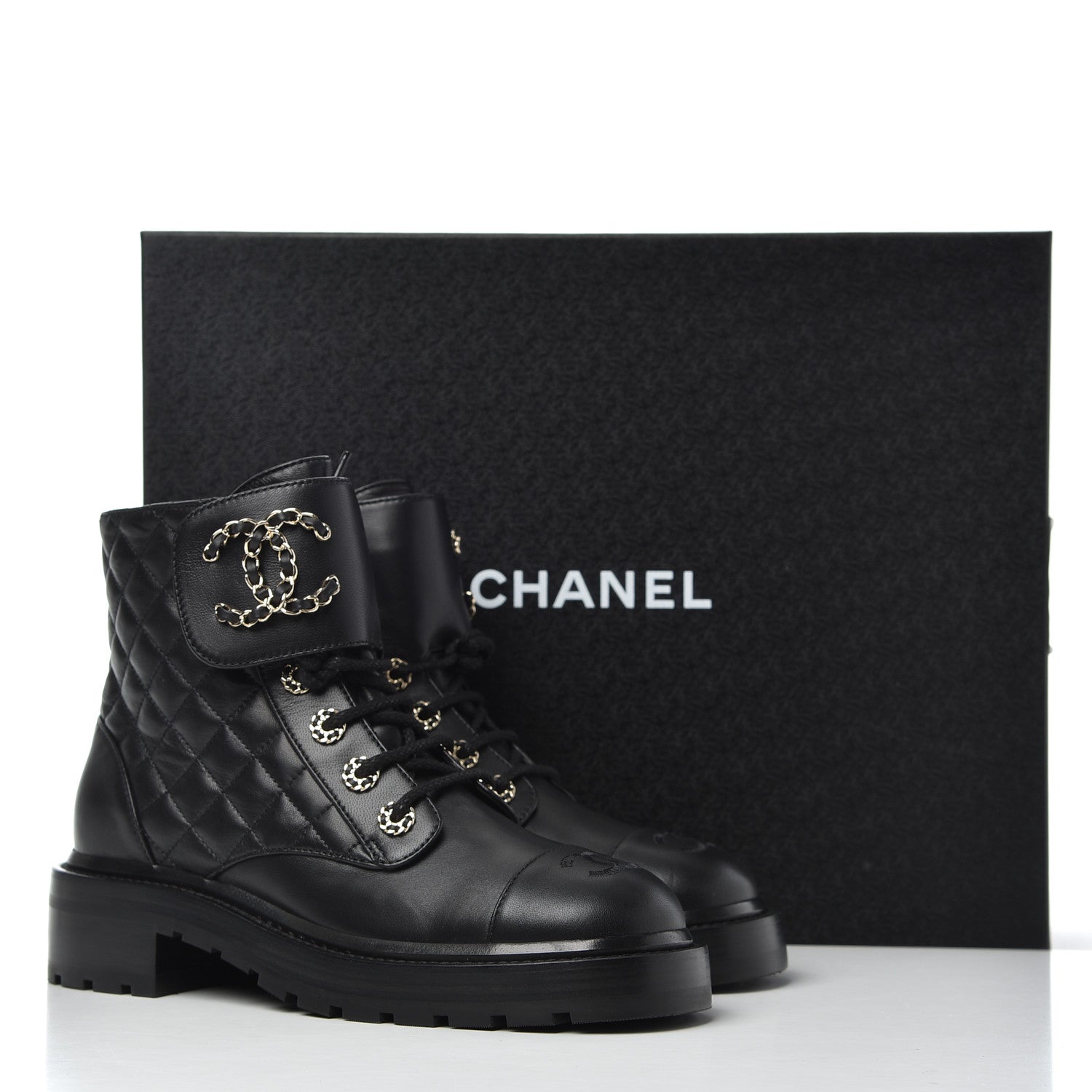 Chanel Shiny Lambskin Quilted Lace Up Combat Boots 37.5 Black 13 of 13