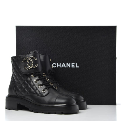 Chanel Shiny Lambskin Quilted Lace Up Combat Boots 37.5 Black 13 of 13