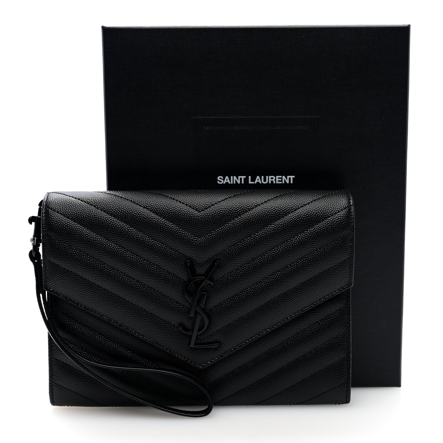 Saint Laurent Grain De Poudre Matelasse Chevron Monogram Monochrome Envelope Clutch Black 7 of 7
